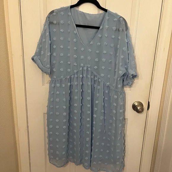 NWOT KIRUNDO Light Blue Textured V-Neck Babydoll Dress - Picture 3 of 7